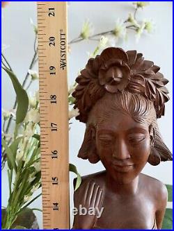 Vintage Balinese Lady In Native Dress Hand Carved Wood Sculpture 19 1/4 Tall