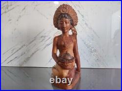 Vintage Balinese Lady in Native Dress, Hand-Carved Wood Sculpture Indonesia BALI