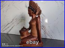 Vintage Balinese Lady in Native Dress, Hand-Carved Wood Sculpture Indonesia BALI