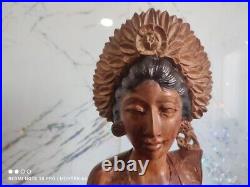 Vintage Balinese Lady in Native Dress, Hand-Carved Wood Sculpture Indonesia BALI