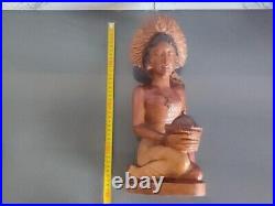 Vintage Balinese Lady in Native Dress, Hand-Carved Wood Sculpture Indonesia BALI