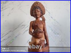 Vintage Balinese Lady in Native Dress, Hand-Carved Wood Sculpture Indonesia BALI