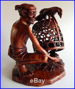 Vintage Balinese Wood Carving Old Man with Fighting Cocks in Cage 1950s Bali