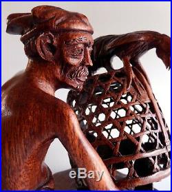 Vintage Balinese Wood Carving Old Man with Fighting Cocks in Cage 1950s Bali