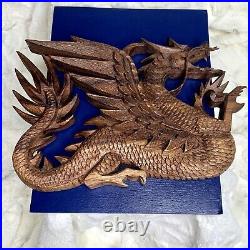 Vintage Beautiful Carved Wood Chinese Dragon Wall Art Hanging 11.5in x 8in EUC