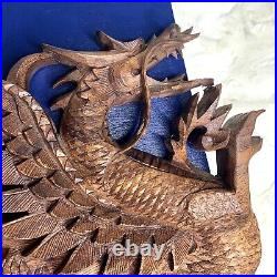 Vintage Beautiful Carved Wood Chinese Dragon Wall Art Hanging 11.5in x 8in EUC