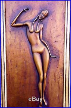 Vintage Beautiful STASACK Carved Nude Wood Sculpture Framed Asian Figure Art
