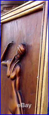 Vintage Beautiful STASACK Carved Nude Wood Sculpture Framed Asian Figure Art