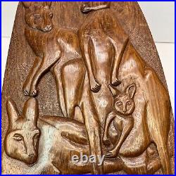 Vintage Bert Birtles Australian Carved Blackbean Wood Wall Sculpture Kangaroos