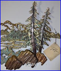 Vintage Bijan Sculpture Mountain Cabin Woods Brass Wall Art Rare C JERE ERA
