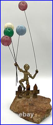 Vintage Bijan Signed Ballon Boy Sculpture on Petrified Wood MCM Art Metal Stone
