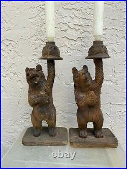 Vintage Black Forest Pair Of Carved Wood Bear Sculptures Candlesticks