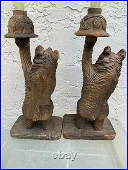 Vintage Black Forest Pair Of Carved Wood Bear Sculptures Candlesticks