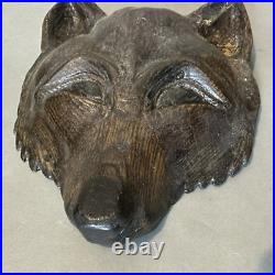 Vintage Black Forest Style Carved Oak Wall Hanging Folk Art Wolf Head