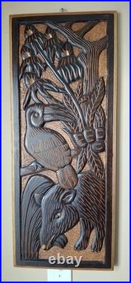 Vintage Black Forest-Style Wood Carving Wildlife Forest Scene Wall Art
