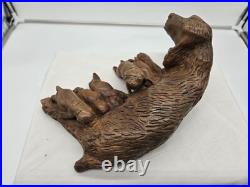 Vintage Black Forest Wood Carving Of Dog And Litter Puppies Feeding