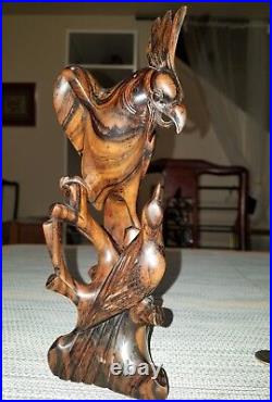 Vintage Black Persimmon Wood Hand Carved Parrot Family Art Figurine Statue