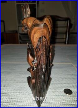 Vintage Black Persimmon Wood Hand Carved Parrot Family Art Figurine Statue