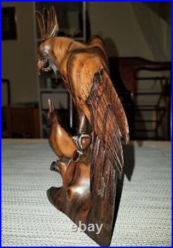 Vintage Black Persimmon Wood Hand Carved Parrot Family Art Figurine Statue