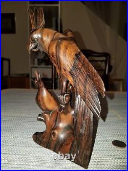 Vintage Black Persimmon Wood Hand Carved Parrot Family Art Figurine Statue