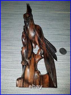 Vintage Black Persimmon Wood Hand Carved Parrot Family Art Figurine Statue