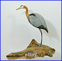 Vintage Blue Heron Shorebird Decoy Statue Carved Bucksport, Maine singed Wasson
