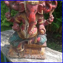 Vintage Boho Carved wood Ganesh / Ganesha Elephant Hindu Deity Carving Statue