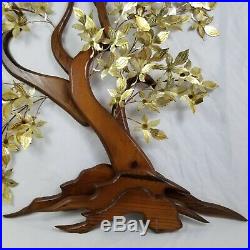 Vintage Brass And Wood Bonsai Tree Wall Art Hanging Sculpture Asian Mid-Century