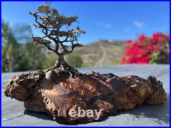 Vintage Brass Bronze Bonsai Tree Sculpture On Burl Wood Base 1970's Signed