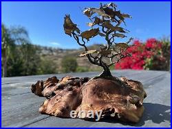 Vintage Brass Bronze Bonsai Tree Sculpture On Burl Wood Base 1970's Signed