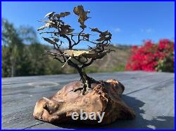 Vintage Brass Bronze Bonsai Tree Sculpture On Burl Wood Base 1970's Signed