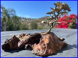 Vintage Brass Bronze Bonsai Tree Sculpture On Burl Wood Base 1970's Signed