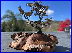 Vintage Brass Bronze Bonsai Tree Sculpture On Burl Wood Base 1970's Signed