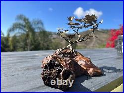 Vintage Brass Bronze Bonsai Tree Sculpture On Burl Wood Base 1970's Signed