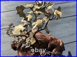 Vintage Brass Bronze Bonsai Tree Sculpture On Burl Wood Base 1970's Signed