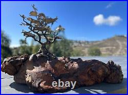 Vintage Brass Bronze Bonsai Tree Sculpture On Burl Wood Base 1970's Signed