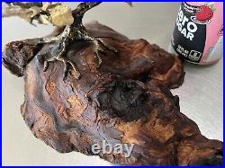 Vintage Brass Bronze Bonsai Tree Sculpture On Burl Wood Base 1970's Signed