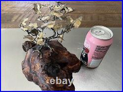 Vintage Brass Bronze Bonsai Tree Sculpture On Burl Wood Base 1970's Signed