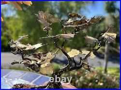 Vintage Brass Bronze Bonsai Tree Sculpture On Burl Wood Base 1970's Signed