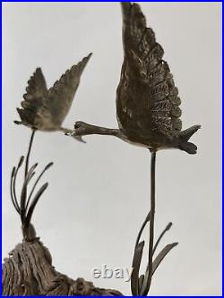 Vintage Brass Ducks Birds in Flight Flying Sculpture Mounted on Burl Wood Base