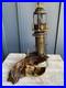 Vintage Brass Lighthouse Sculpture on Wood Base Mid-Century Nautical Art