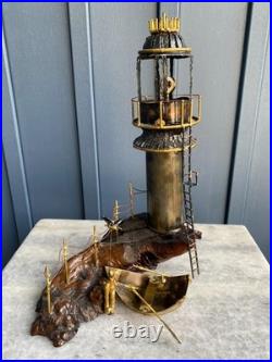 Vintage Brass Lighthouse Sculpture on Wood Base Mid-Century Nautical Art