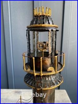 Vintage Brass Lighthouse Sculpture on Wood Base Mid-Century Nautical Art