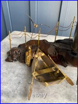 Vintage Brass Lighthouse Sculpture on Wood Base Mid-Century Nautical Art