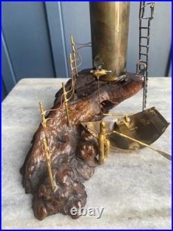 Vintage Brass Lighthouse Sculpture on Wood Base Mid-Century Nautical Art