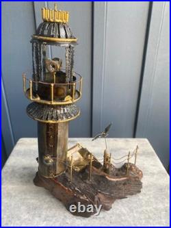 Vintage Brass Lighthouse Sculpture on Wood Base Mid-Century Nautical Art