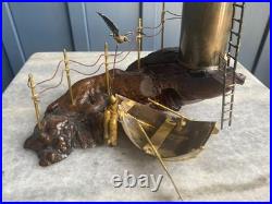 Vintage Brass Lighthouse Sculpture on Wood Base Mid-Century Nautical Art