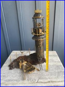 Vintage Brass Lighthouse Sculpture on Wood Base Mid-Century Nautical Art
