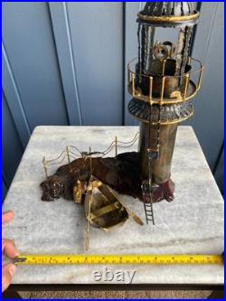 Vintage Brass Lighthouse Sculpture on Wood Base Mid-Century Nautical Art
