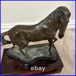 Vintage Bronze Horse Sculpture Statue on Wood Base Equestrian Deco
